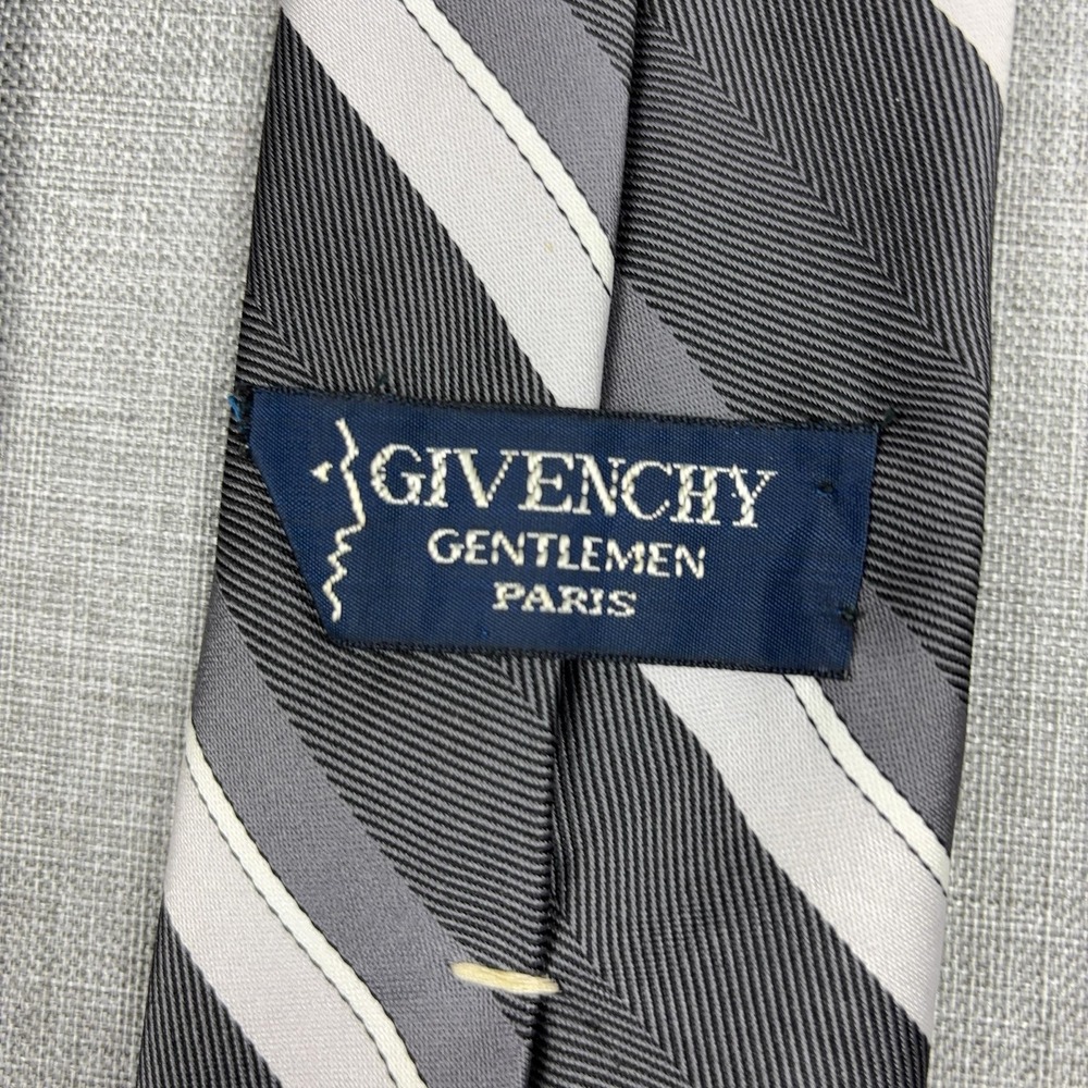 Vintage Givenchy Paris Tie Mens One Size Gray Striped Designer Skinny Woven - Picture 2 of 7